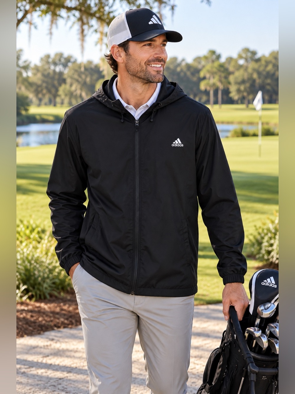 Adidas Golf Men’s XL Black Lightweight Hooded Full Zip Windbreaker Jacket